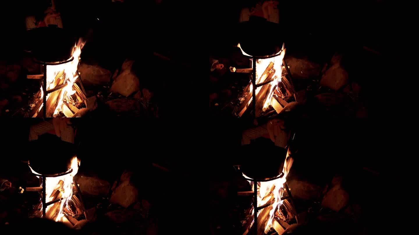 一群人在夜间森林的火堆旁烤棉花糖