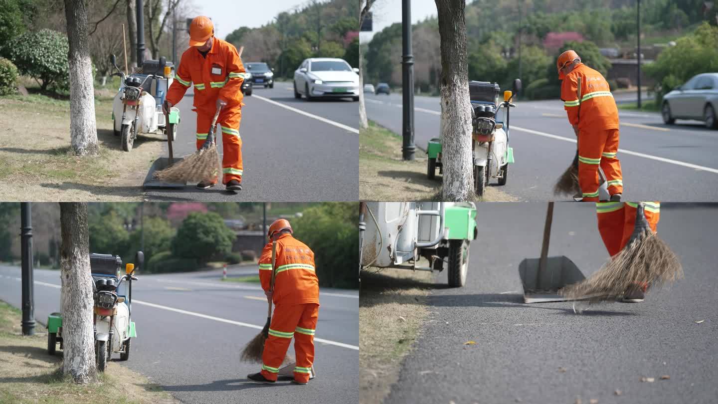 【4K】阳光下环卫工人打扫街道