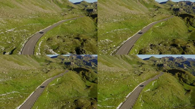 夏天在阿尔卑斯山开车。一辆跑车在风景优美的高山公路上行驶的美丽鸟瞰图，周围是充满活力的绿色山坡。自驾