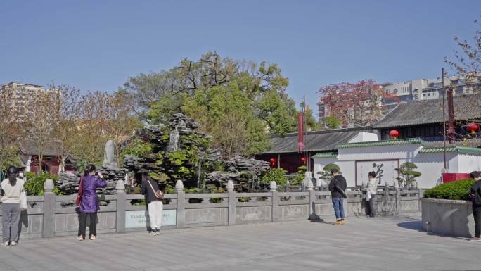 4K实拍广州光孝寺一角禅意的假山流水木棉