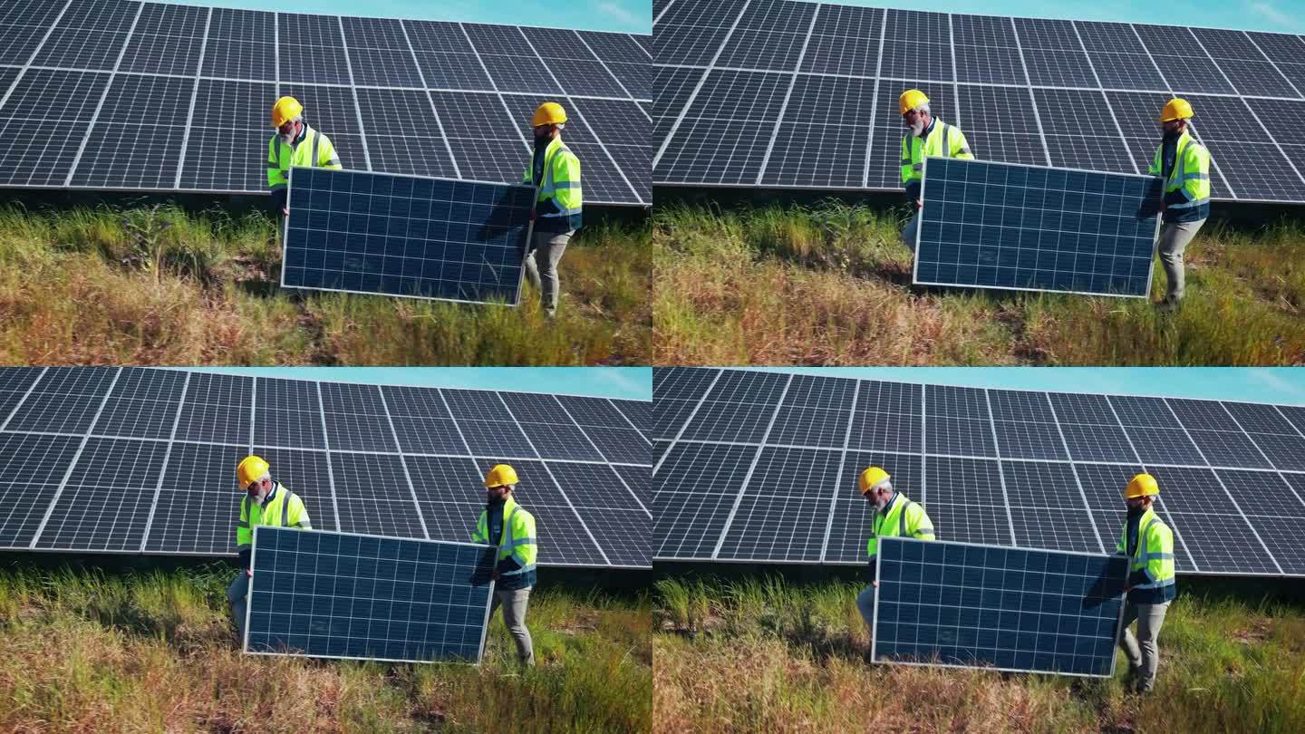 太阳能电池板，工程人员和安装电网的团队合作，可再生能源和环保供暖。承包商或技术人员在户外带着光伏模型
