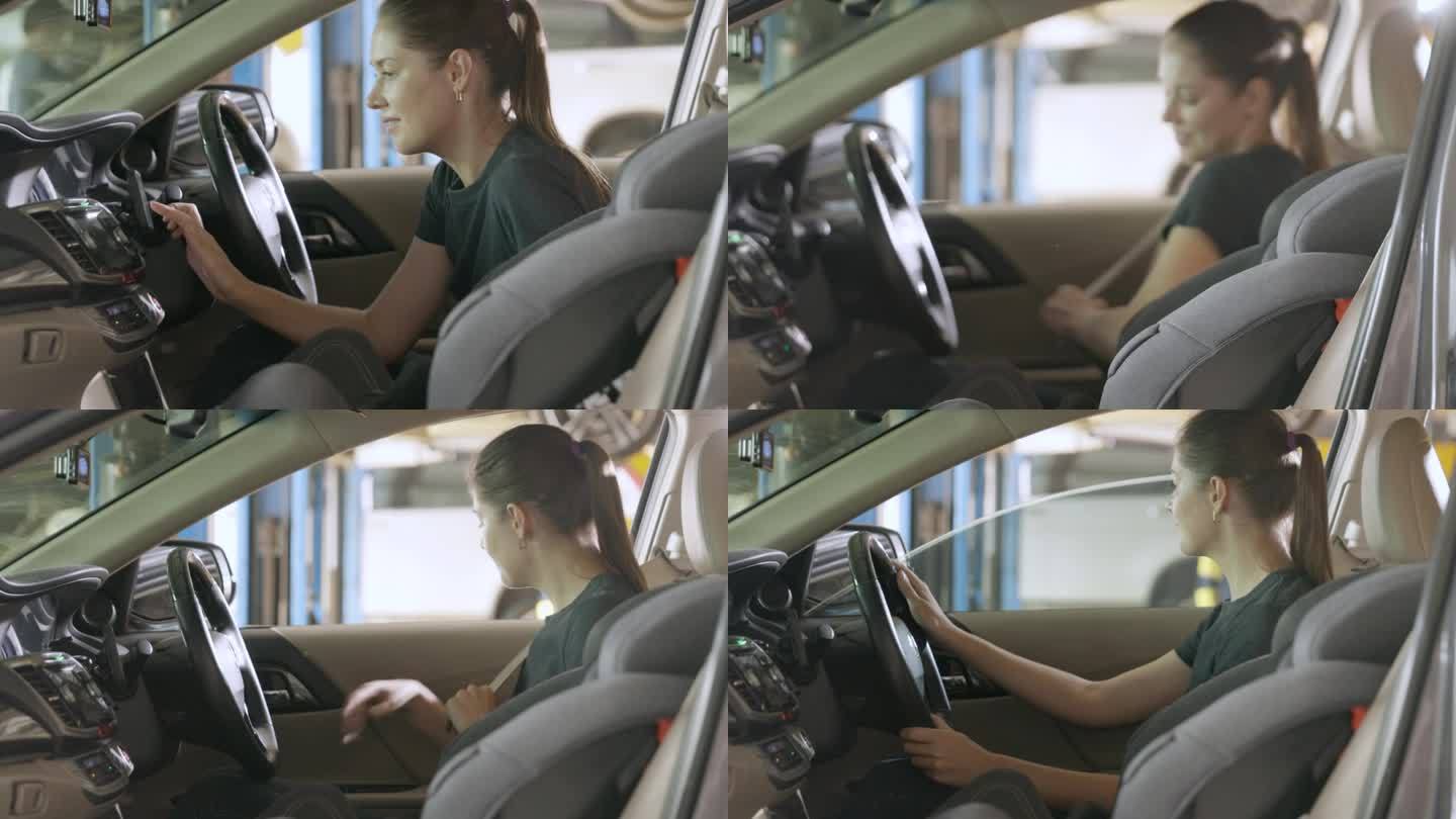 女性触摸屏谷歌地图导航应用程序在车内搜索位置
