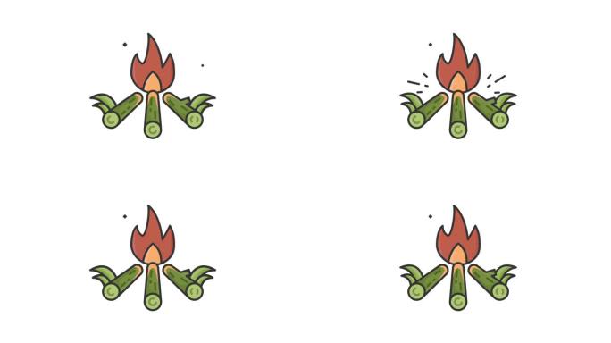 篝火图标动画视频，夏令营与篝火简单的运动图形图标符号动画