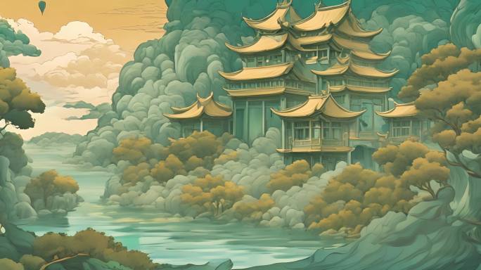 国潮中式建筑水彩画