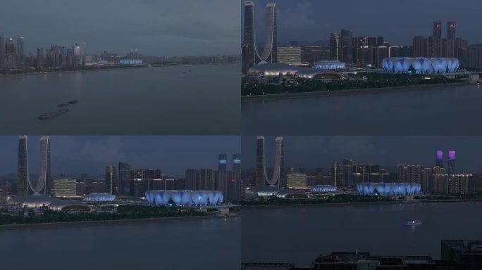4K航拍夜色下的杭州钱塘江 奥体中心夜景