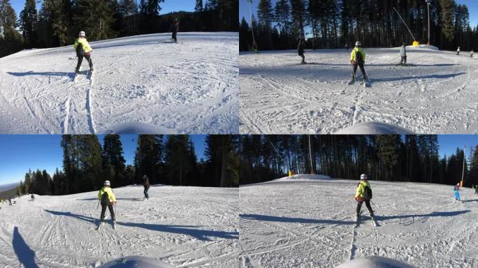 年轻女子第一次滑雪，后视图