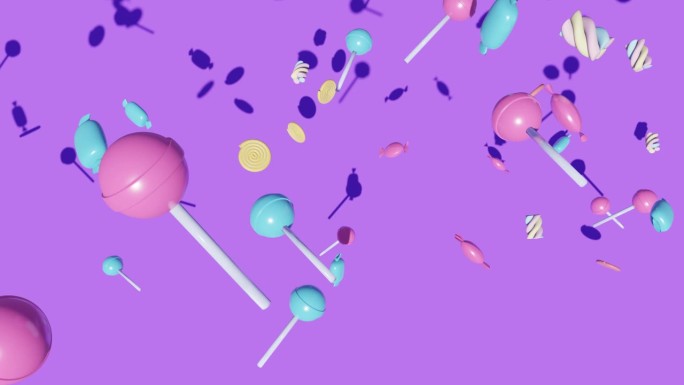 糖果和棒棒糖落在淡紫色的背景上。抽象的动画
