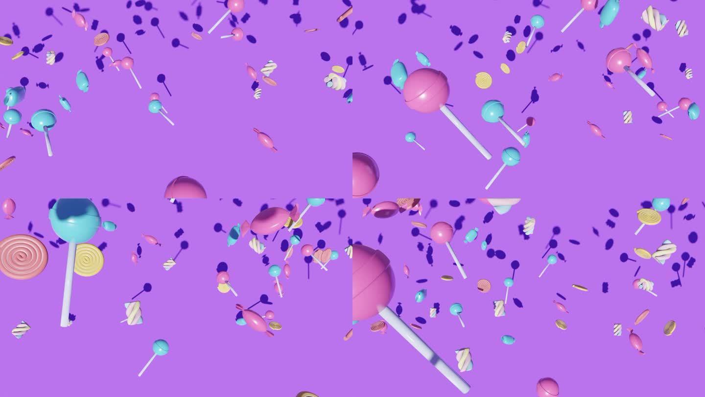 糖果和棒棒糖落在淡紫色的背景上。抽象的动画