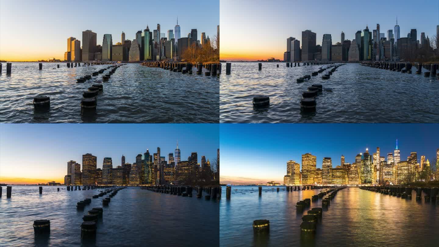 美国4K纽约曼哈顿日落城市建筑金融夜景