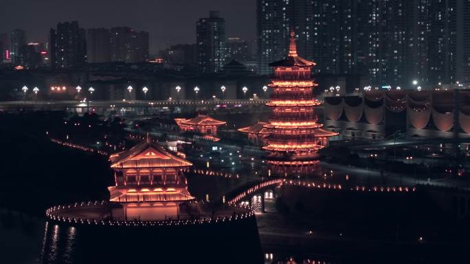 航拍洛阳朱樱塔夜景