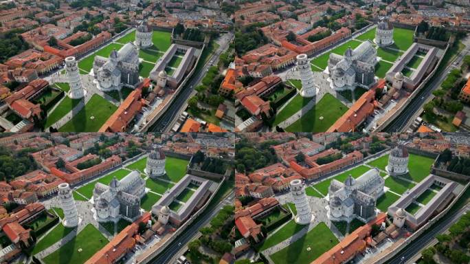 比萨斜塔或奇迹广场的4K鸟瞰图实时镜头，比萨斜塔，意大利，旅游和旅游目的地
