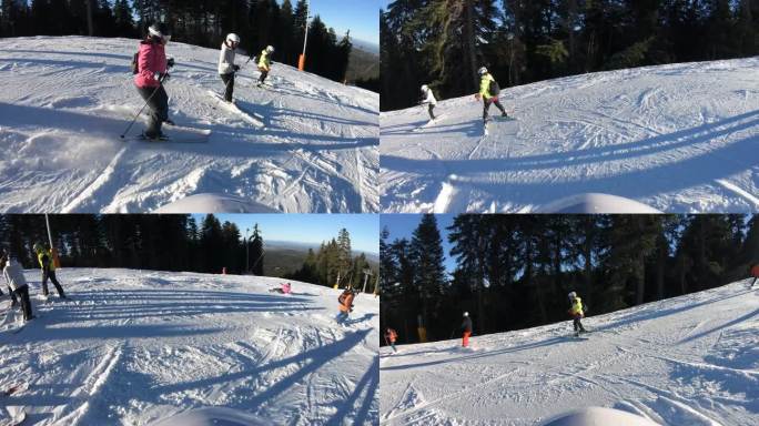 年轻女子第一次滑雪，后视图