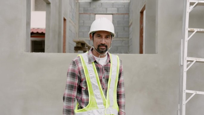 专业男建筑工人站在未完工的水泥建筑和梯子前。自信微笑的亚洲工程师，戴着白色头盔和黄色背心。骄傲的家伙
