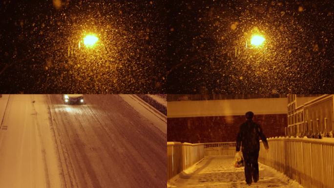 唯美大雪纷飞夜景城市道路意向空镜实拍