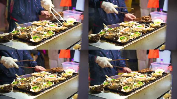 4K厨师在香港街头亲手制作木炭烤海鲜、扇贝和牡蛎。