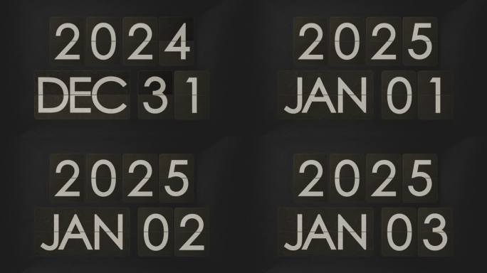 机械翻转时钟从2024年12月切换到2025年1月。复古装置蒸汽朋克翻页日历新年快乐!!