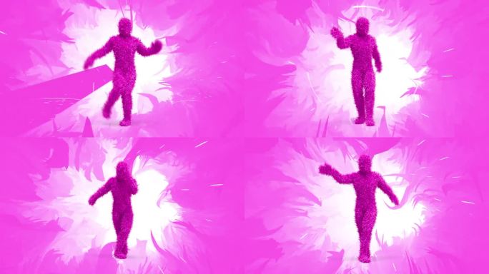 快乐的3D毛茸茸的粉红色角色跳舞动作。花动画。完美的循环。