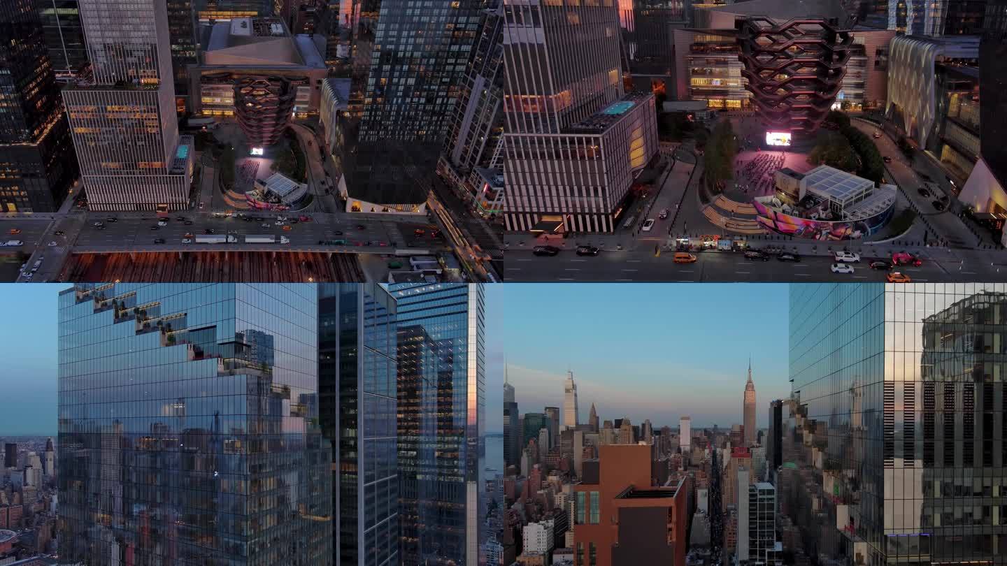 城市航拍纽约哈德逊城市广场摩天大楼夜景灯