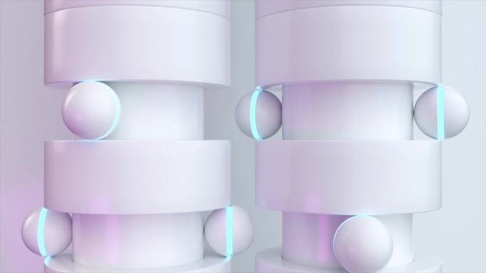 光滑的3D动画白色圆柱形结构与发光的蓝色口音，摇篮完美的白色球体在柔和的环境光。