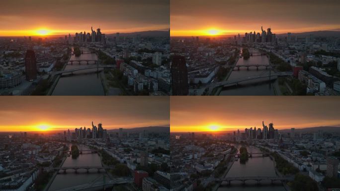 4K鸟瞰图实时拍摄的法兰克福美因天际线，虽然美因河和现代金融大楼和摩天大楼与德国大桥和欧洲中央银行在