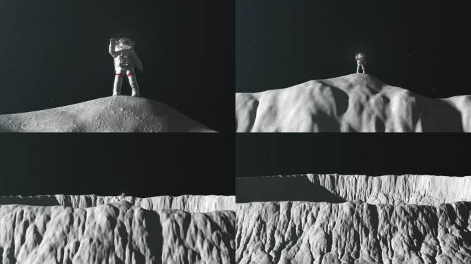 宇航员在一个巨大的月球环形山上挥手