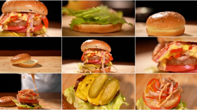 汉堡制作高速拍摄美食空镜 牛排汉堡包制作