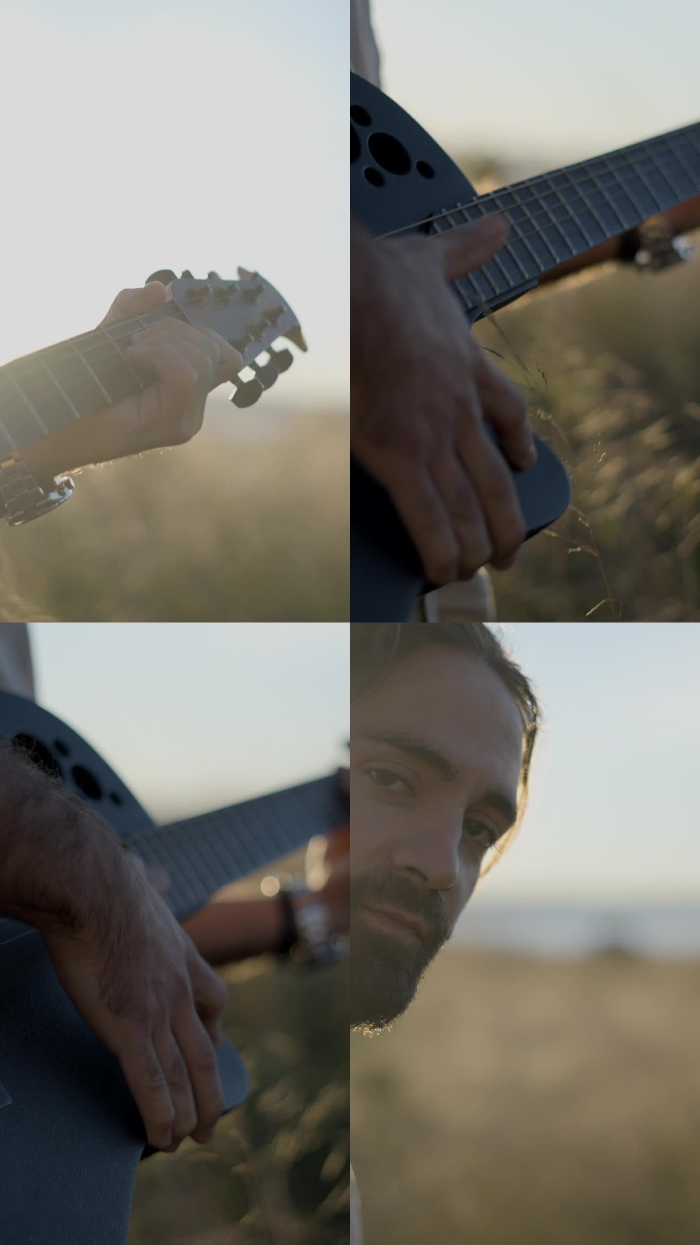 男吉他手在夕阳下的草地上弹奏吉他——背光镜头