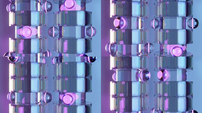 3D动画反射圆柱形塔与彩虹球，散发出未来和高科技的氛围。