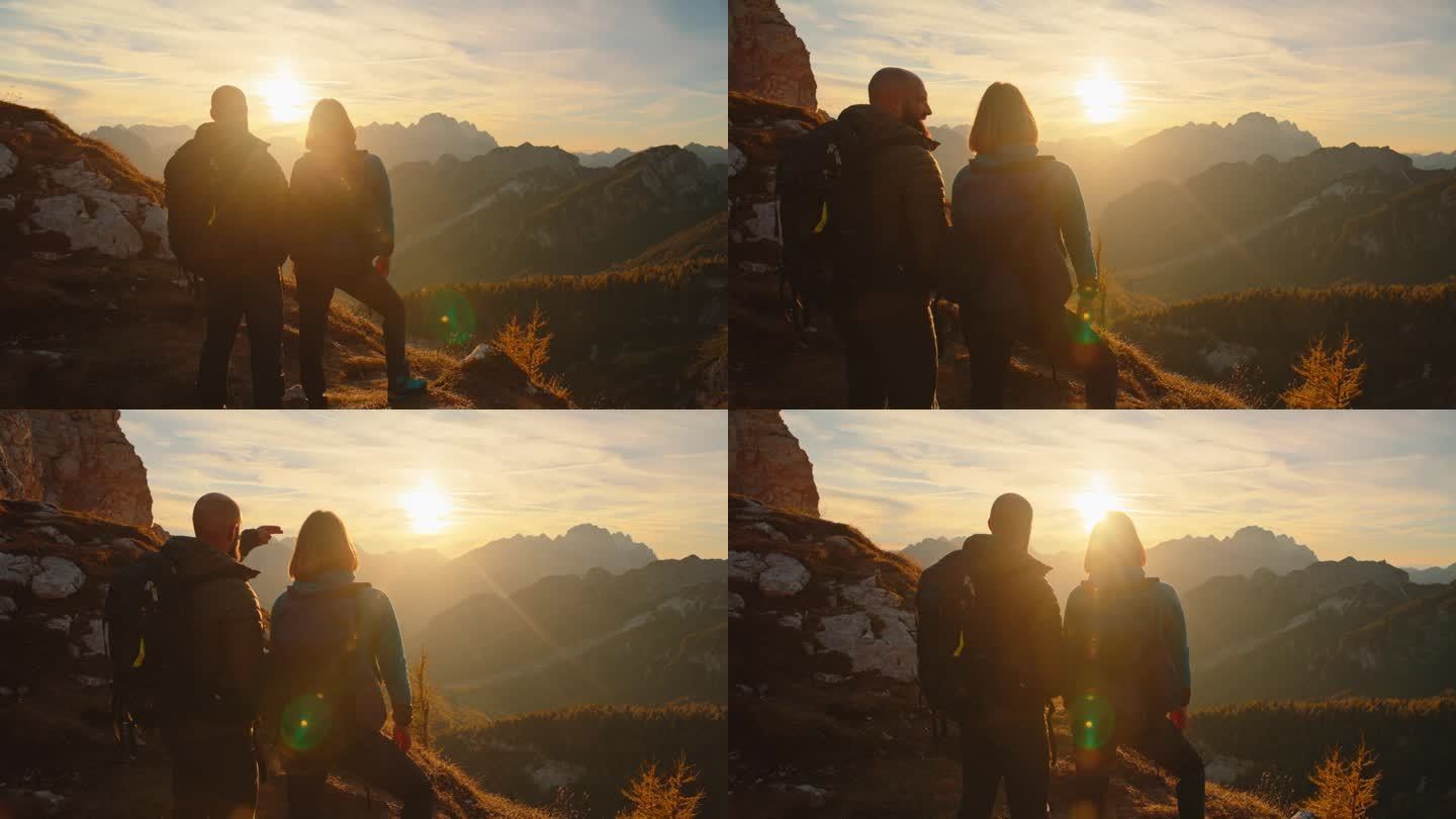 SLO MO顶峰宁静:一对夫妇壮观的日落俯瞰