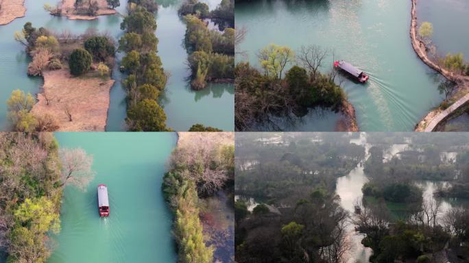 浙江杭州西溪湿地湖中游船航拍