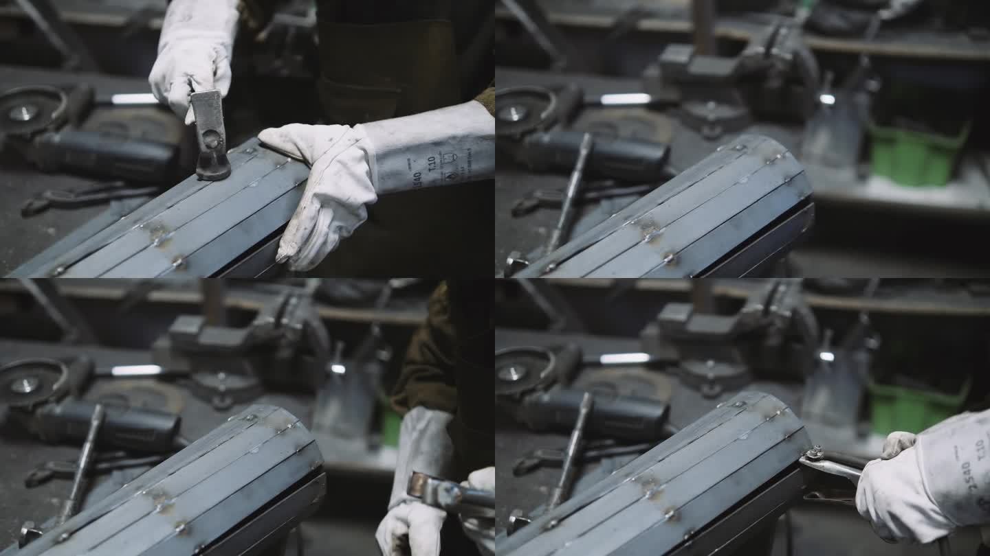 大师级工匠在他的工作室用锤子加工金属制品的特写镜头