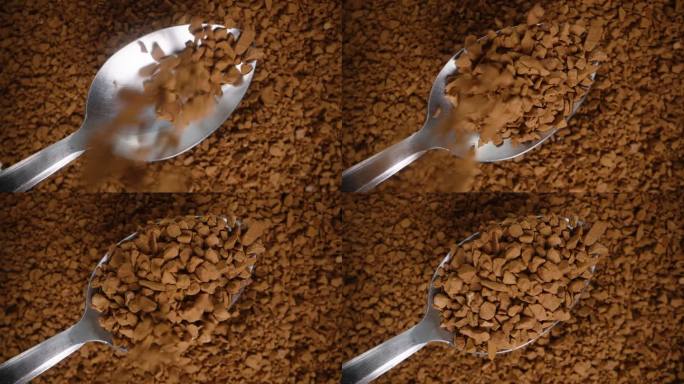 可溶咖啡颗粒被倒入勺子的旋转背景，俯视图，慢动作。