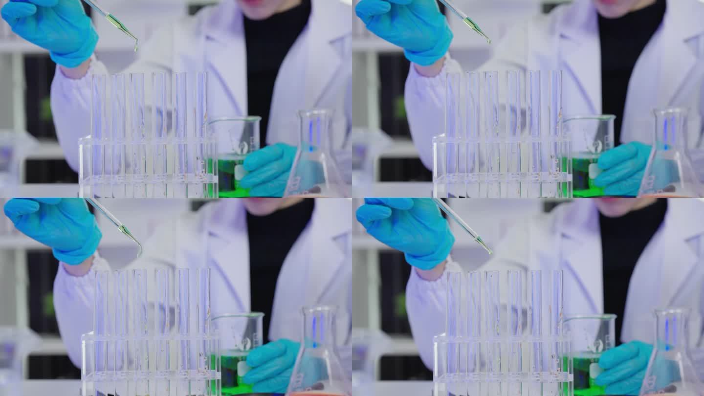 一位女科学家正在科学实验室里分析样品。