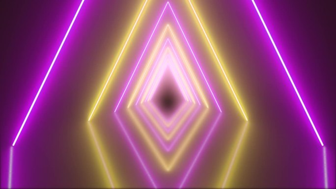 黄色和紫色的霓虹灯抽象线条隧道。循环动画。催眠的效果。黄紫色背景。霓虹灯。4 k