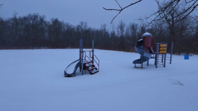 东北风期间，纽约郊区一个小公园里的慢镜头降雪