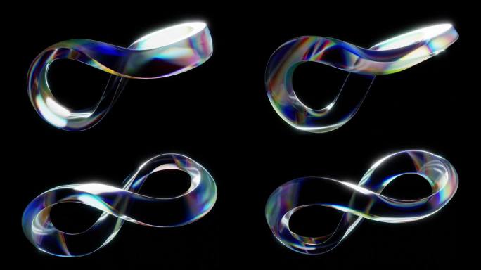 无缝循环动画视频一个透明的Möbius条，扭曲和旋转在彩色折射。