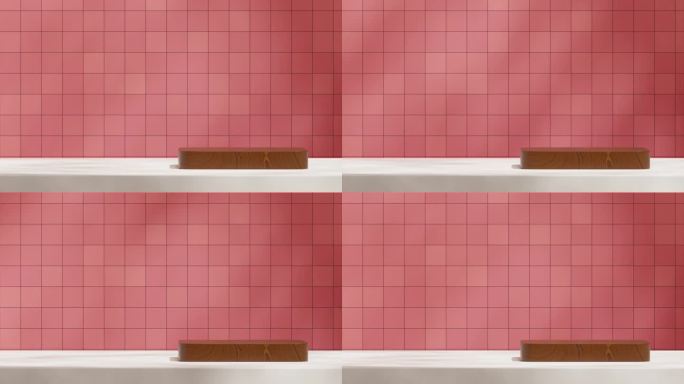 木矩形讲台循环无缝阴影动画与红色瓷砖背景墙，3d素材渲染空白模型