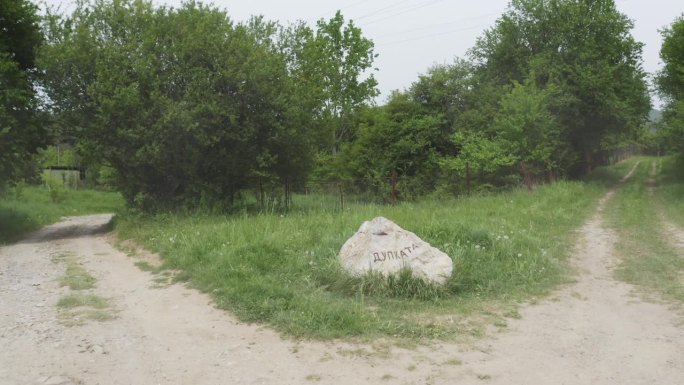 一架无人机在低海拔的察里奇纳洞(Tsarichina Hole)林地中接近一个天然岩石地标，察里奇纳