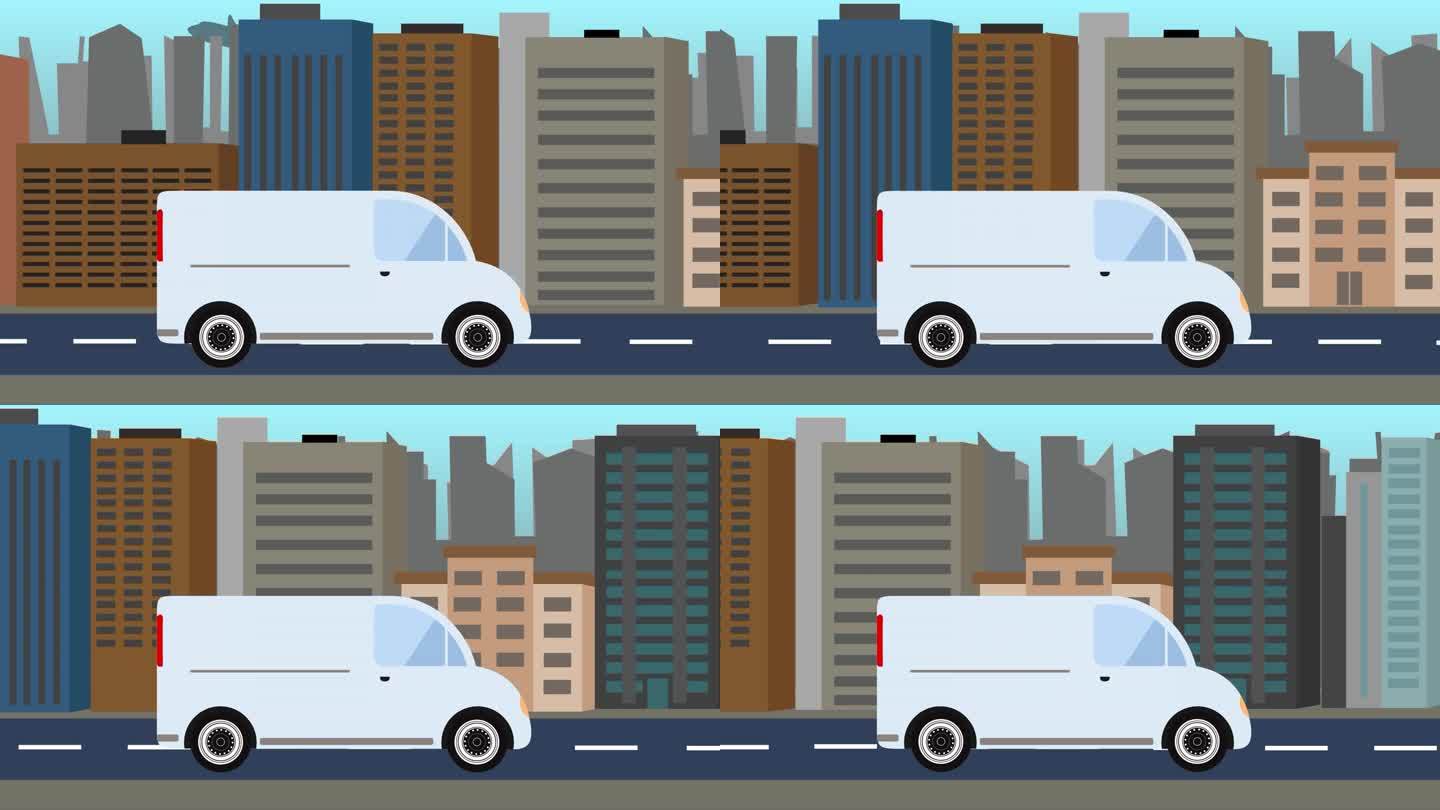 送货车在城市前方的路上行驶，2D平面动画无缝循环