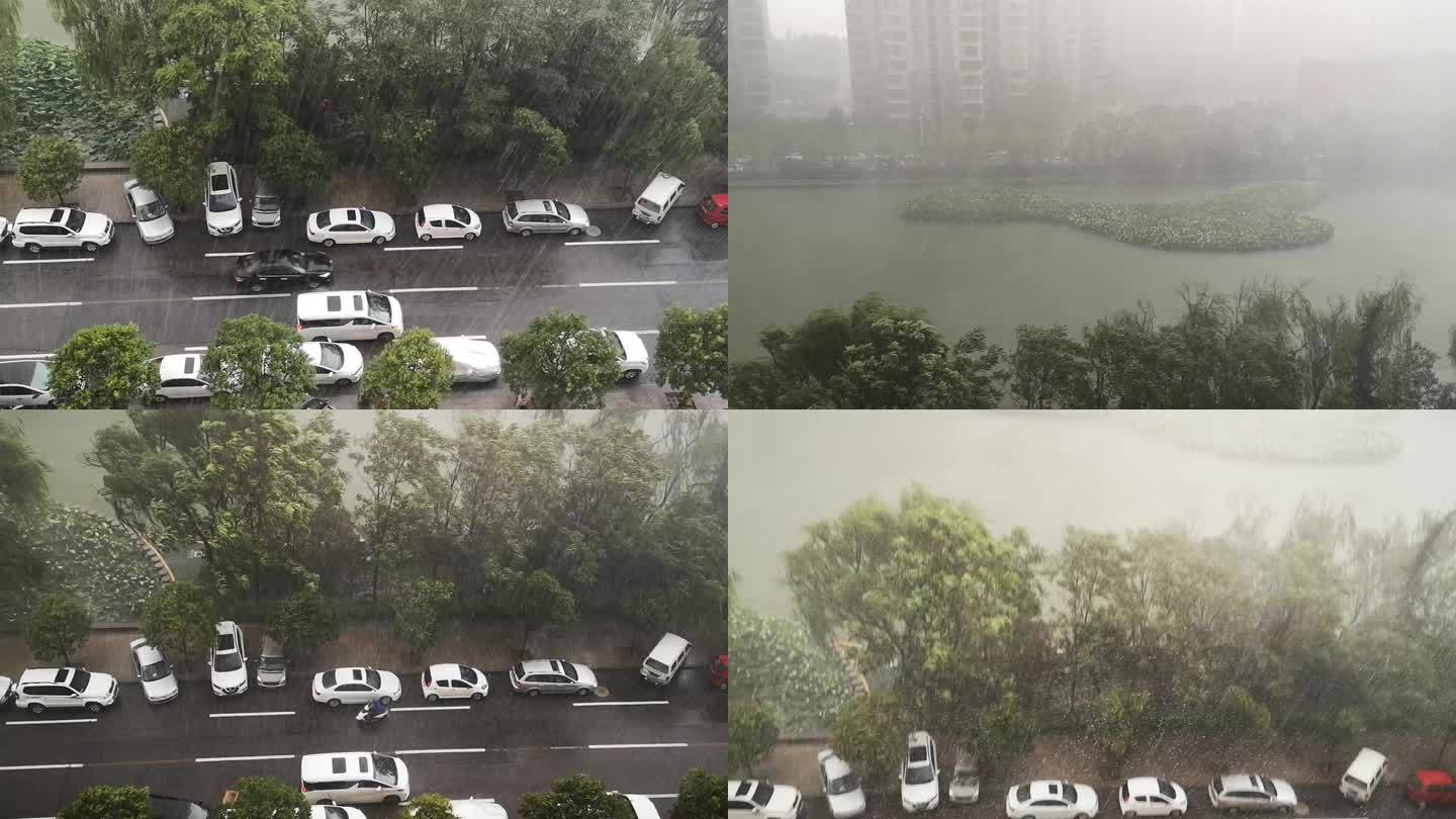 夏季狂风暴雨暴风雨湖面马路行人