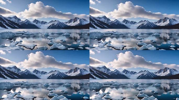 蓝天白云下的冰川雪山冰湖