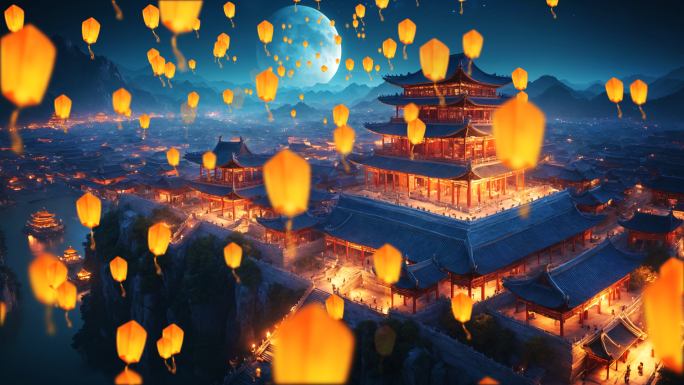 4K孔明灯中国风古建筑夜景动画