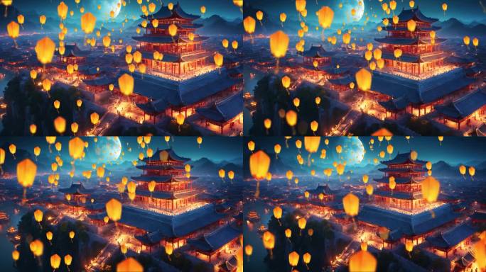 4K孔明灯中国风古建筑夜景动画