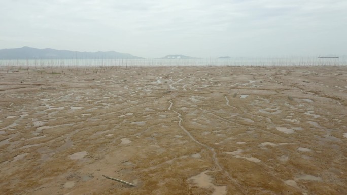 无人机拍摄的南中国海沿岸潮间带泥滩在一个多云雾天，中国