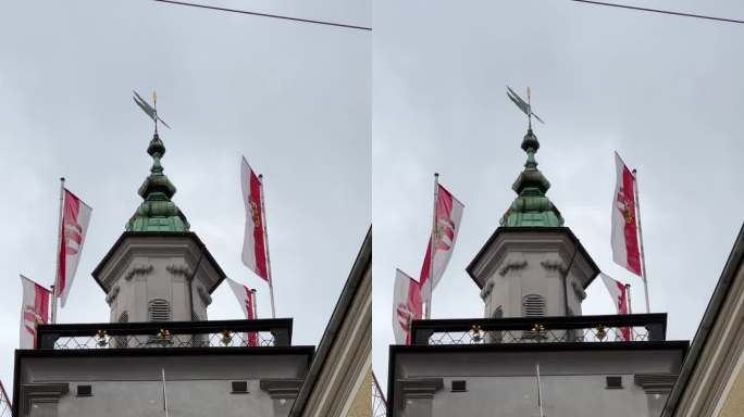 萨尔茨堡旧市政大楼上挂着旗帜的钟楼