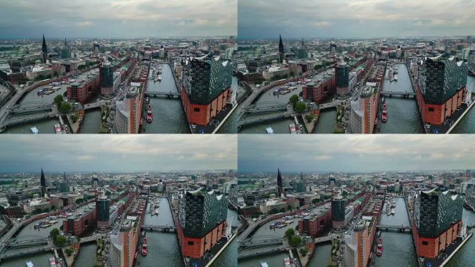 德国汉堡，欧洲，旅游和旅游目的地，正午时分，易北爱乐音乐厅和Hafencity的4K鸟瞰图实时画面。