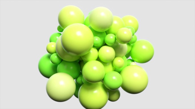 石灰绿色球体的充满活力的3D动画，创造了一个有光泽的清新活泼的集群。