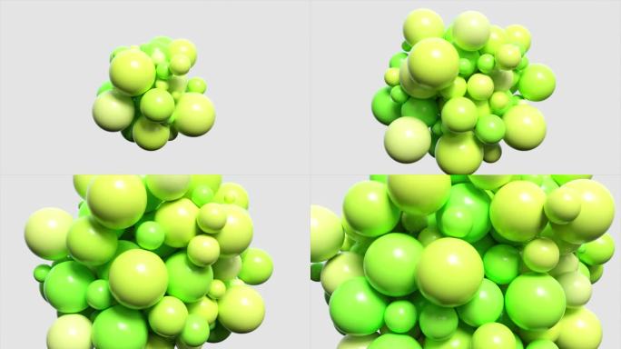 石灰绿色球体的充满活力的3D动画，创造了一个有光泽的清新活泼的集群。