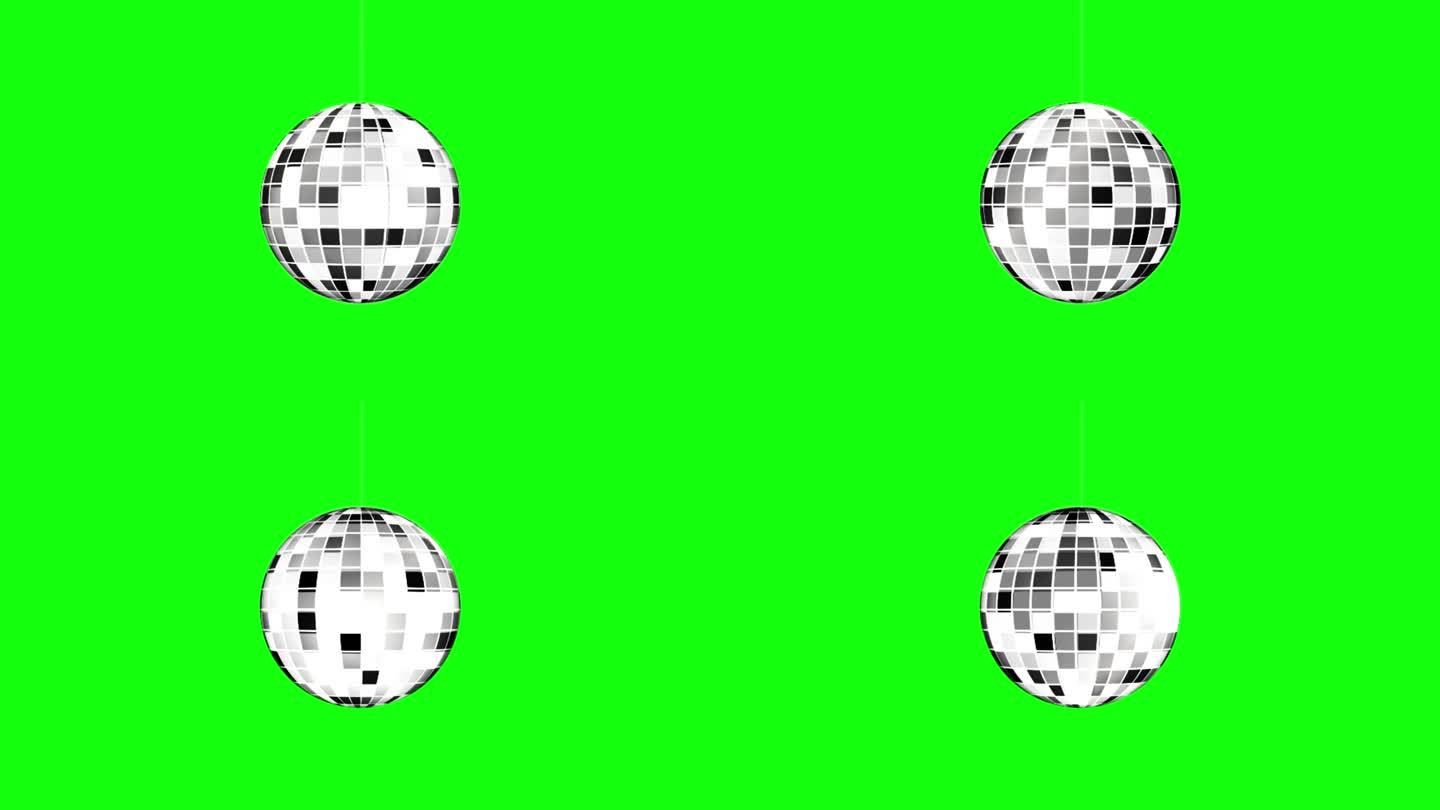 黑色和白色闪亮的灰色迪斯科球在绿色屏幕覆盖，4K动画。现代迪斯科灯光球动画