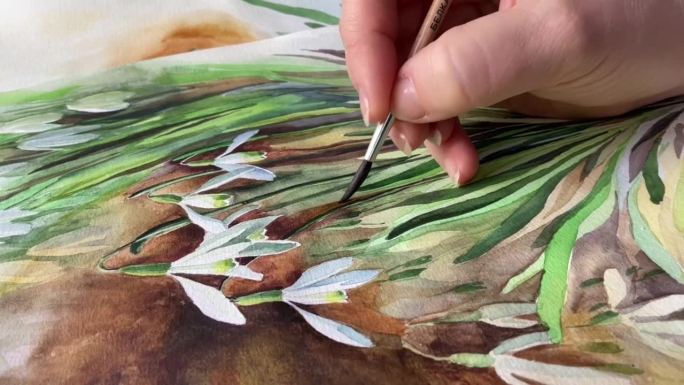 女性手绘水彩画与刷水彩花卉艺术视频。调色板上的背景。雪花莲报春花田野草地花和草